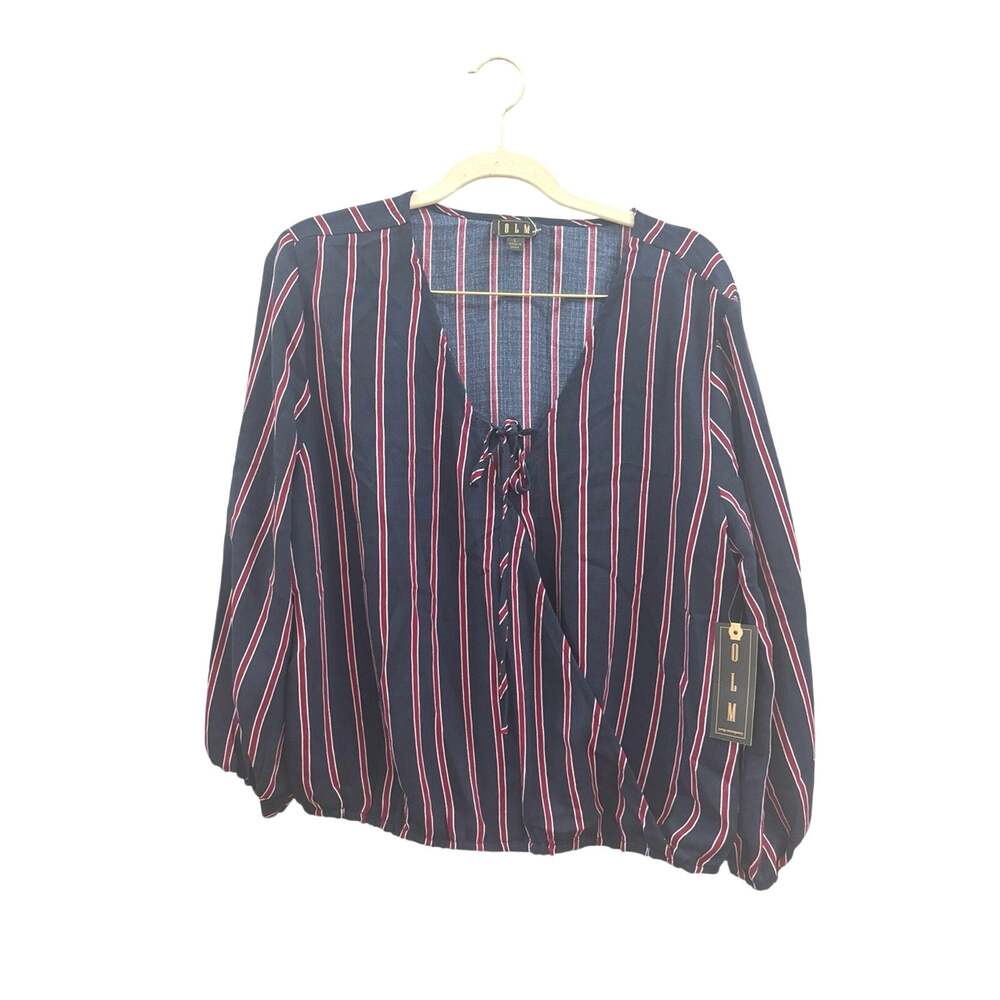 Navy Striped Tie-Front Blouse with Red & White Stripes